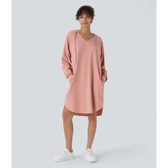 Halara Dress Large Rose Pink Hooded Sweatshirt V Neck Pocket Waffle Knit Casual - Picture 3 of 16